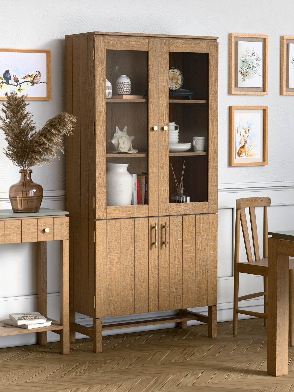 Washed Oak Braystone 4 Door Glazed Cabinet