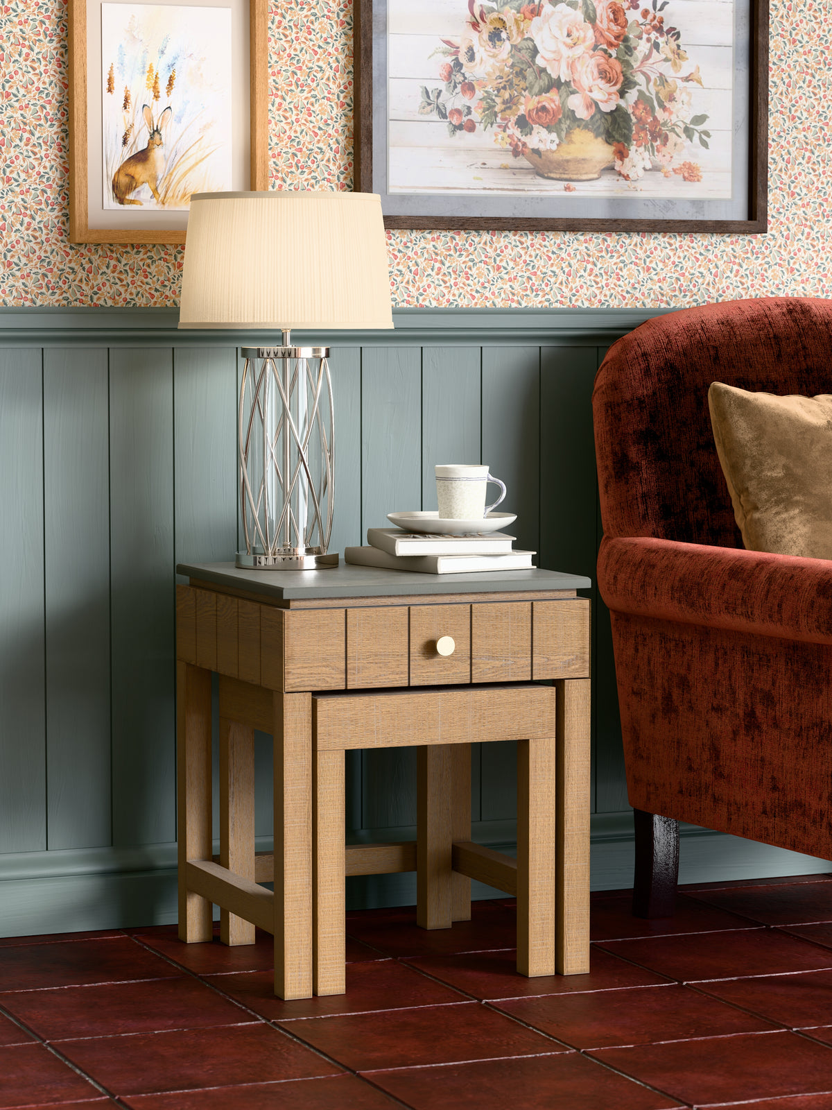 Washed Oak Braystone 1 Drawer Nest Of Tables