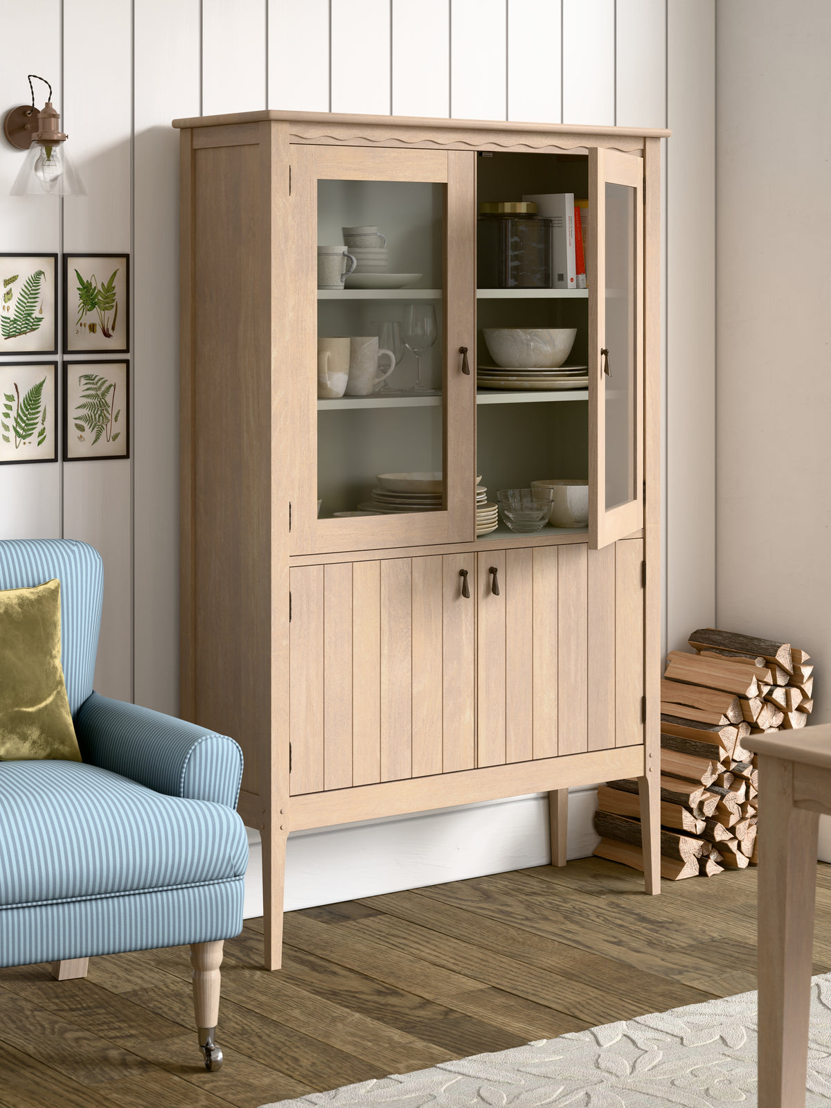 Washed Oak Calford 4 Door Glazed Cabinet