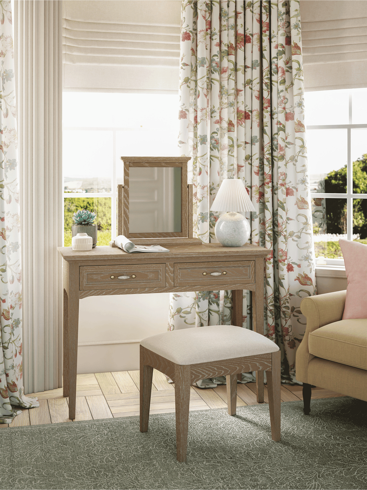Ennis 2 Drawer Dressing Table, Stool & Mirror Set
