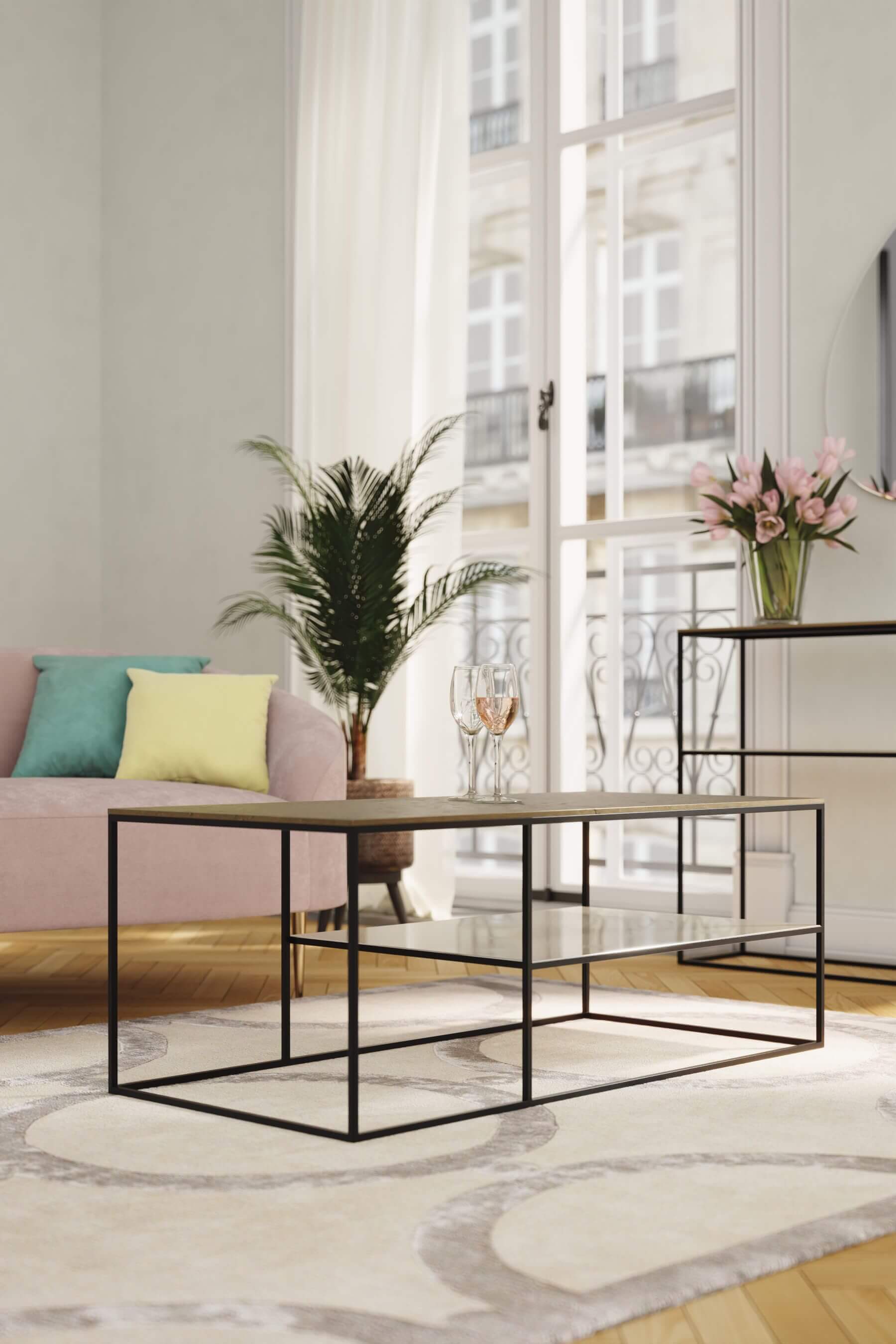 Fulham Coffee Table With A Shelf (Brass & Pebble)
