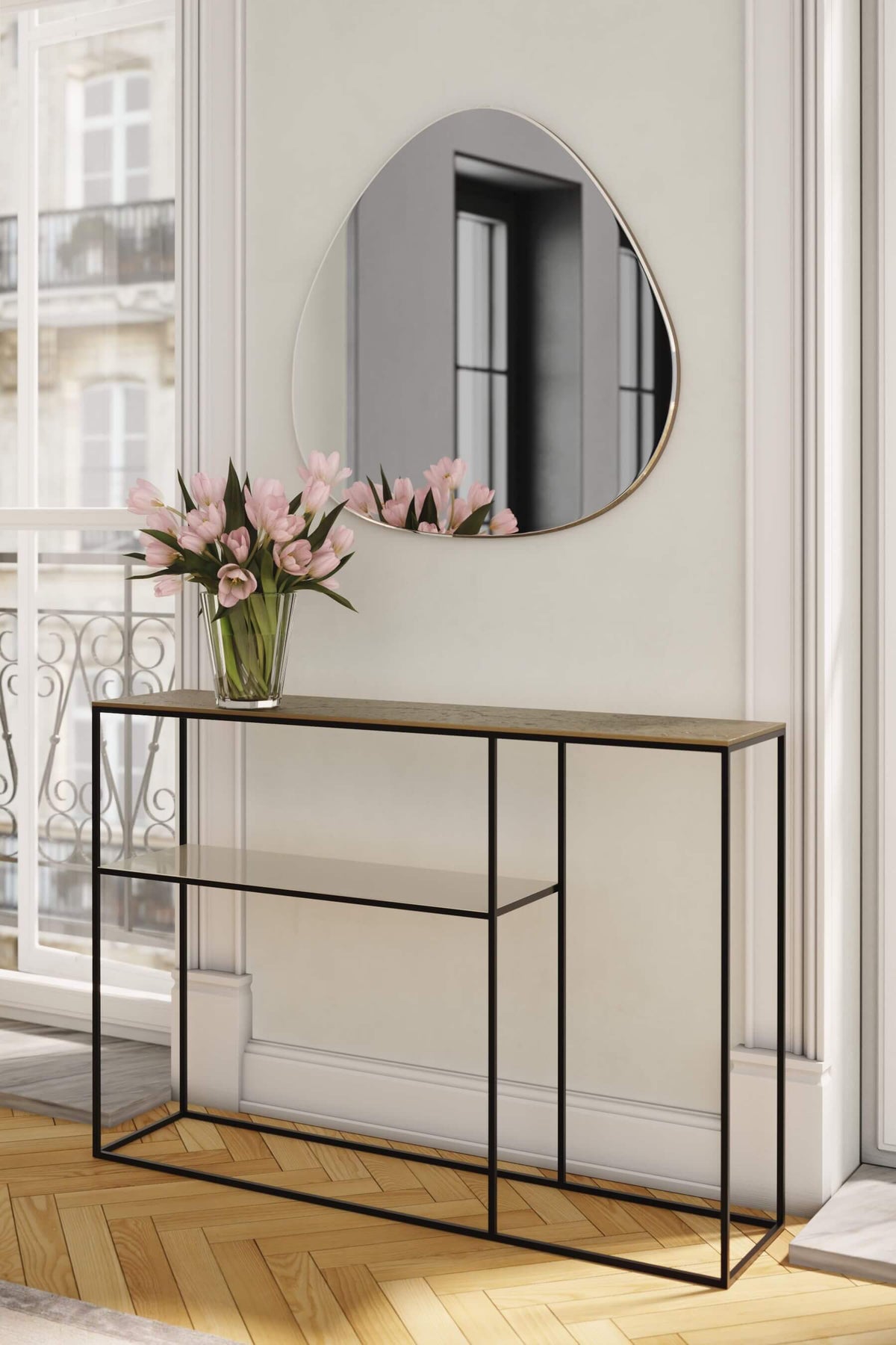 Fulham Console Table With A Shelf (Brass & Pebble)