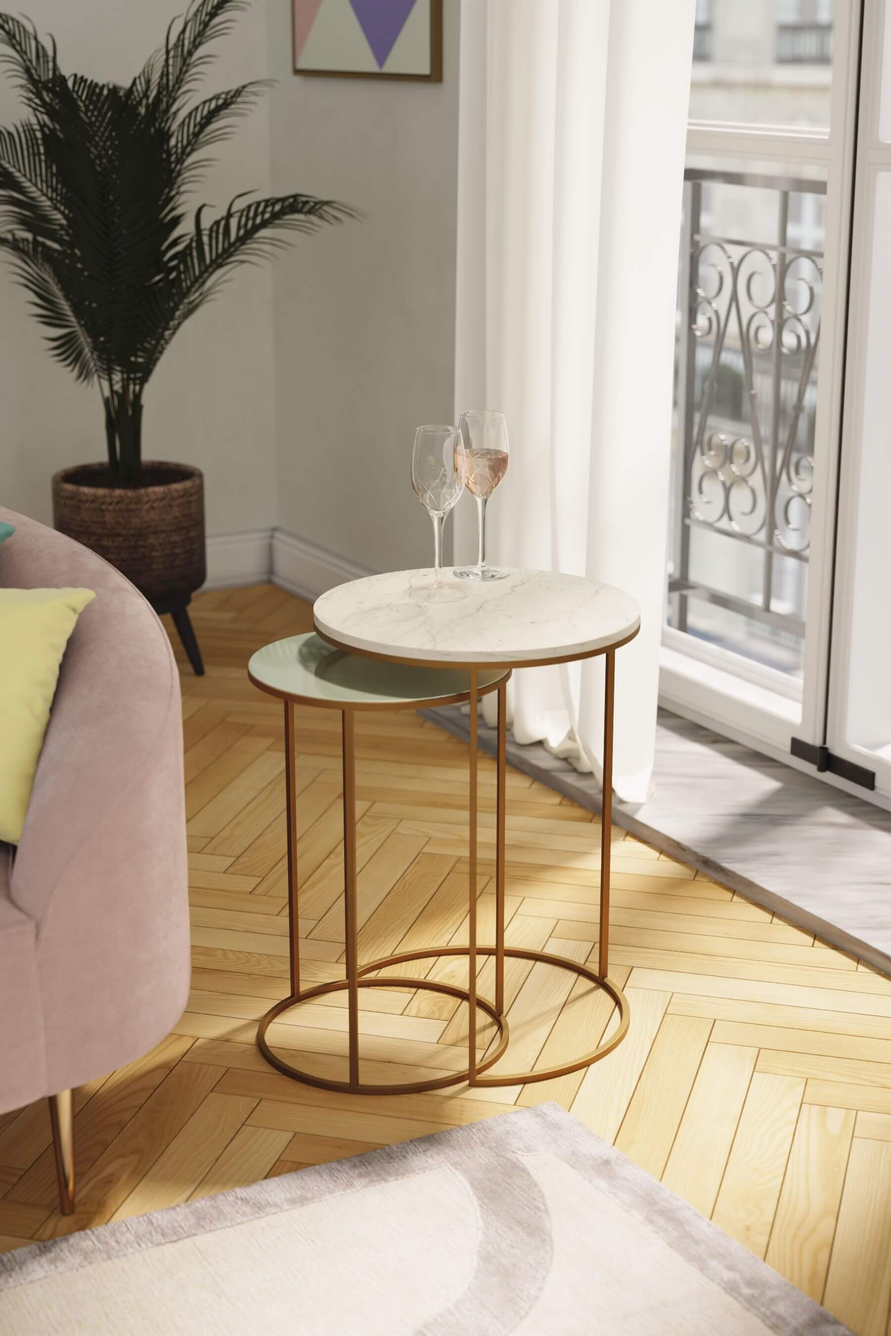 Fulham Nest Of Round Tables (White Marble & Green)
