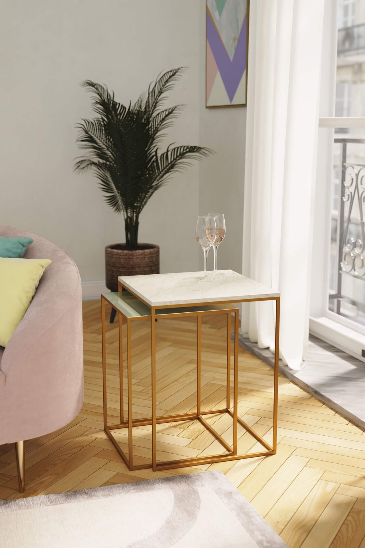 Fulham Nest Of Square Tables (White, Marble & Green)