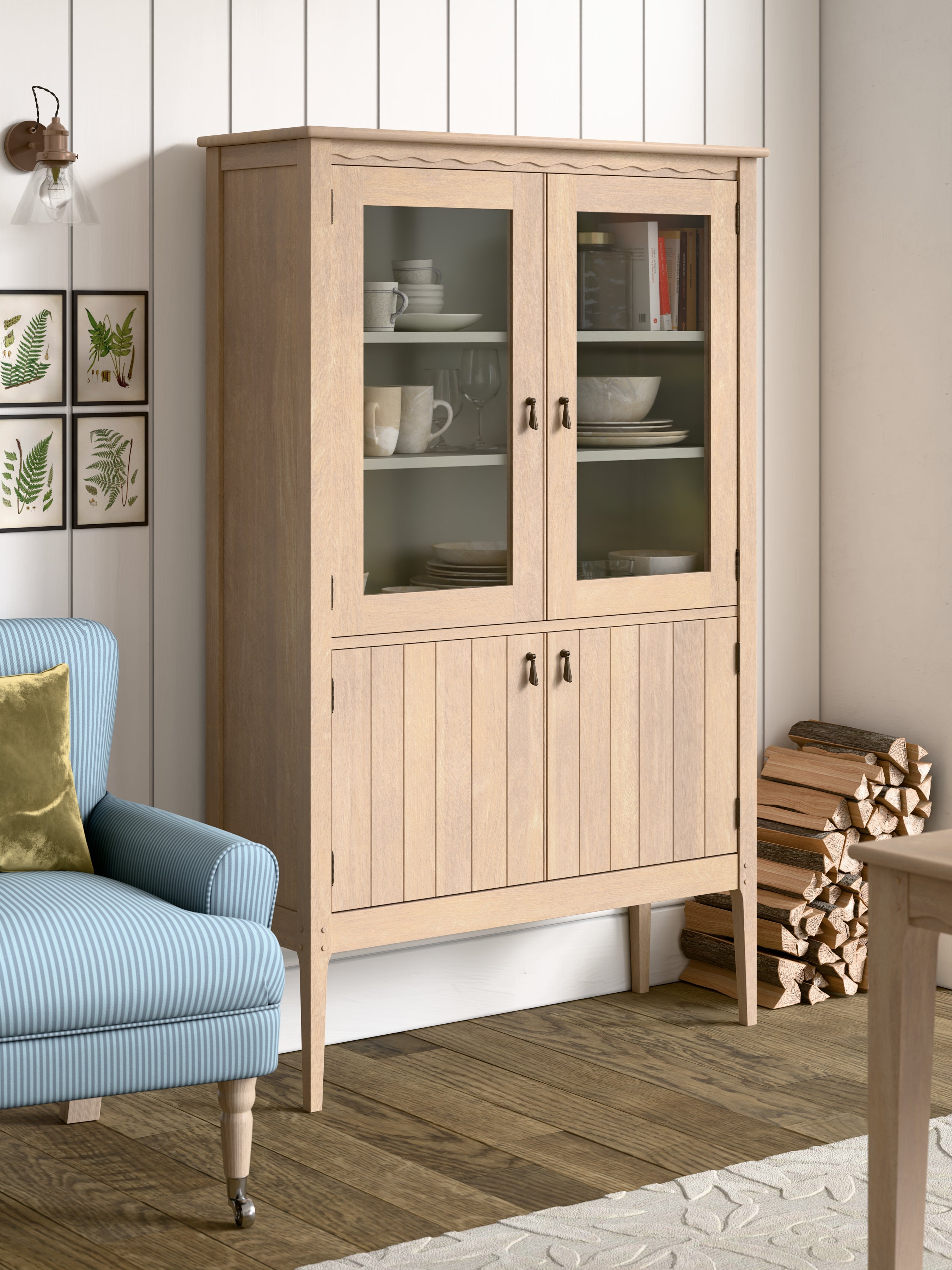 Washed Oak Calford 4 Door Glazed Cabinet