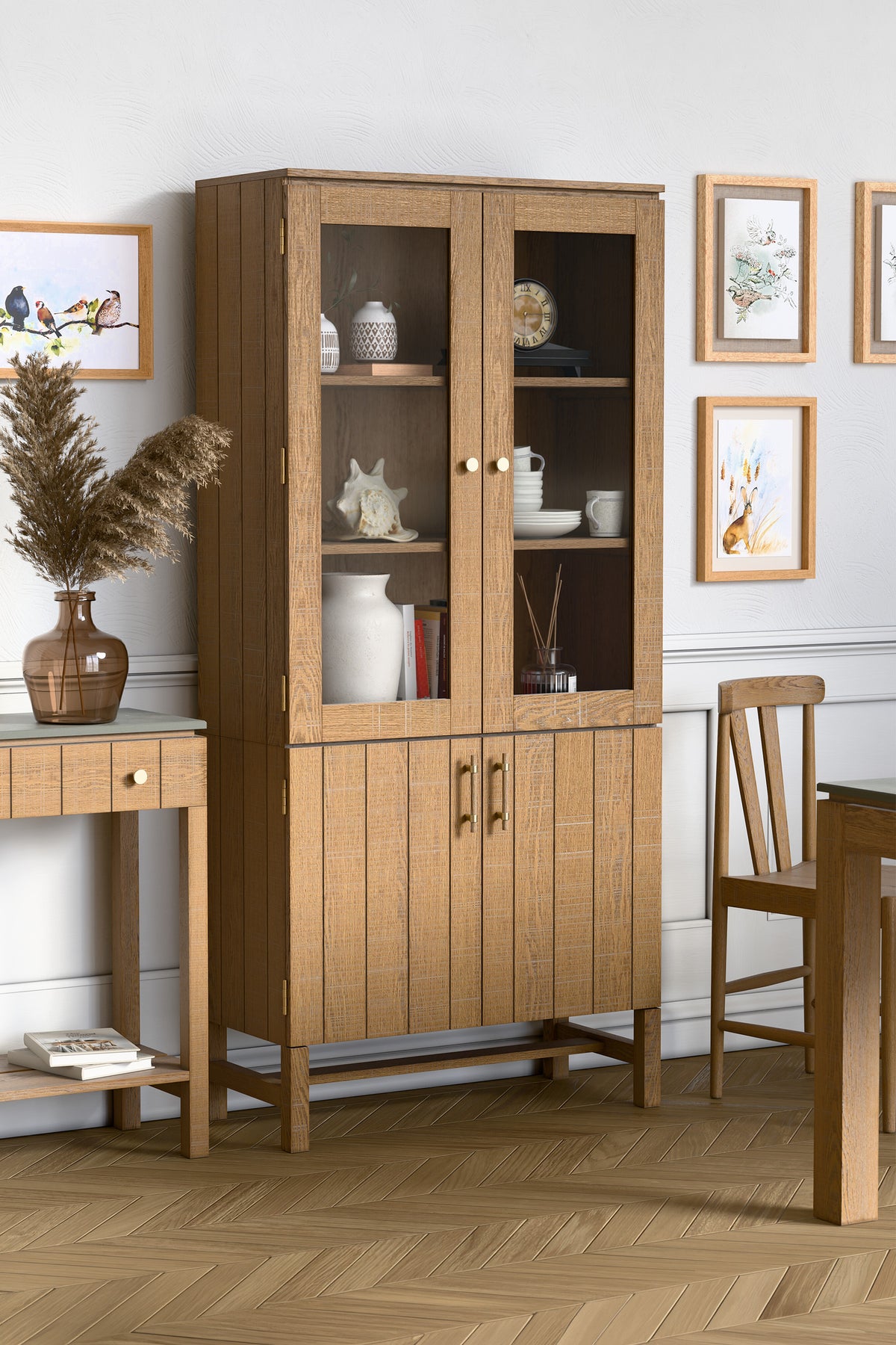Washed Oak Braystone 4 Door Glazed Cabinet