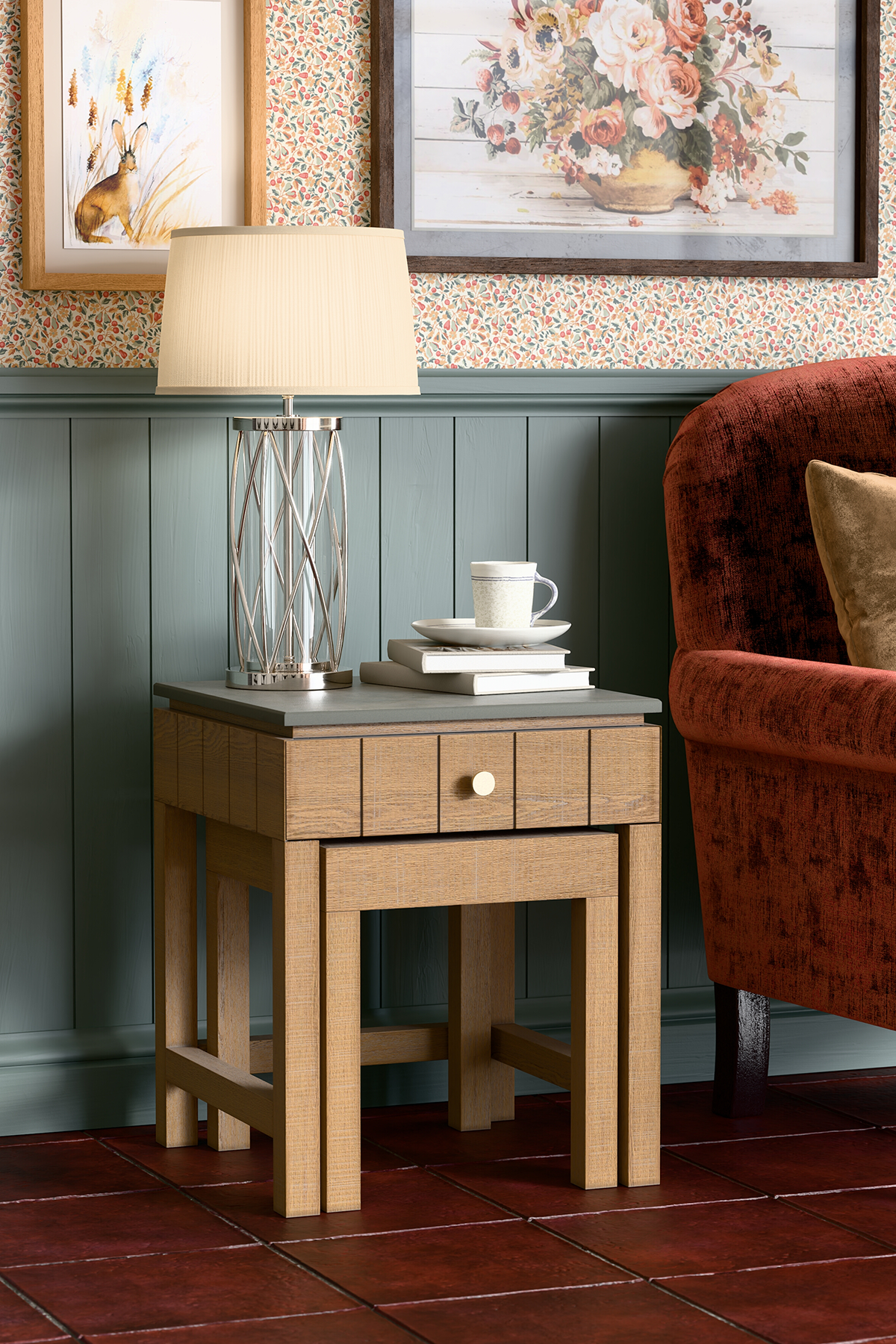 Washed Oak Braystone 1 Drawer Nest Of Tables