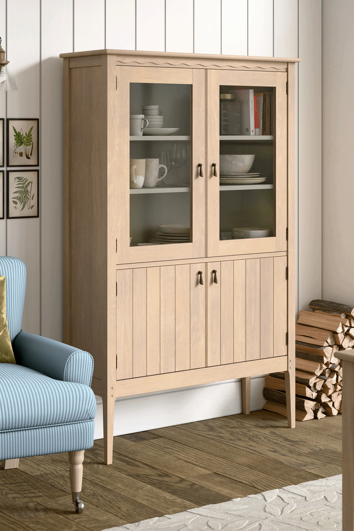 Washed Oak Calford 4 Door Glazed Cabinet